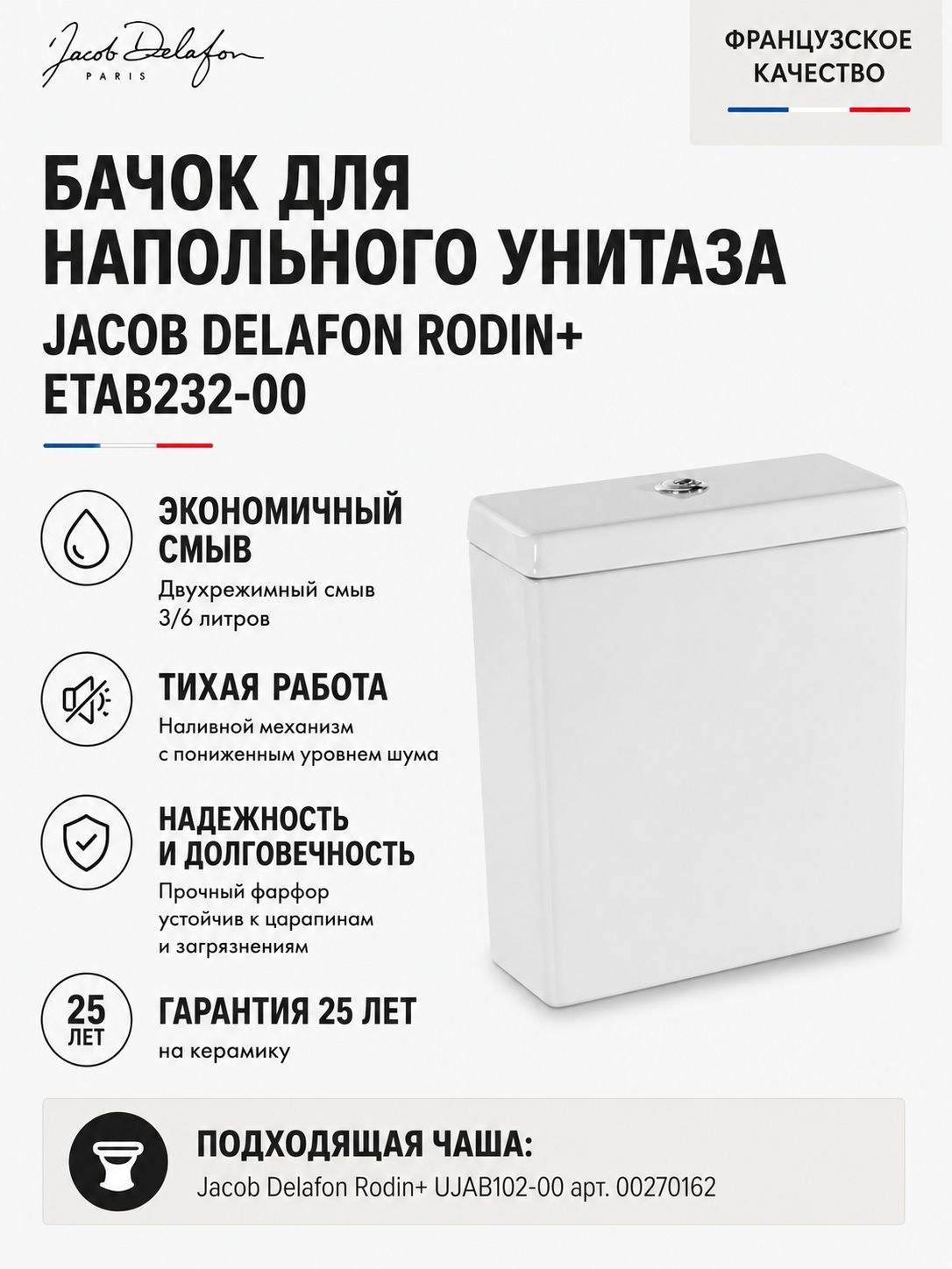 Бачок для унитаза, подводка снизу, белый Jacob Delafon Rodin ETAB232-00