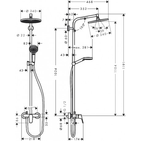 Душевая система Hansgrohe 27269000 Crometta S 240 1jet Showerpipe EcoSmart