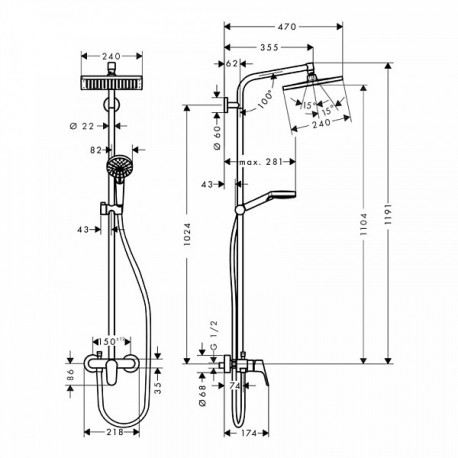 Душевая система Hansgrohe Crometta E 240 1jet Showerpipe 27284000
