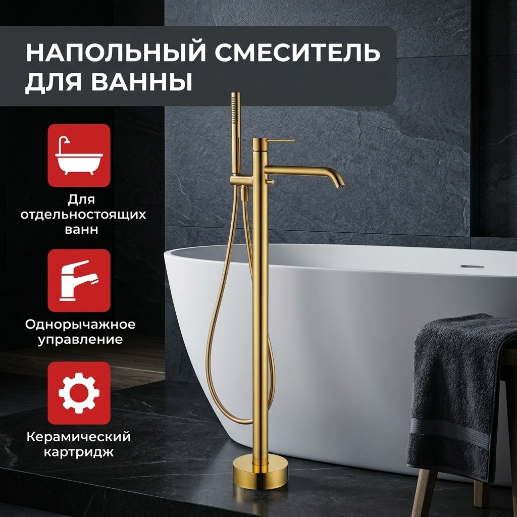 Напольный отдельностоящий смеситель для ванны LUSSO Classic Gold