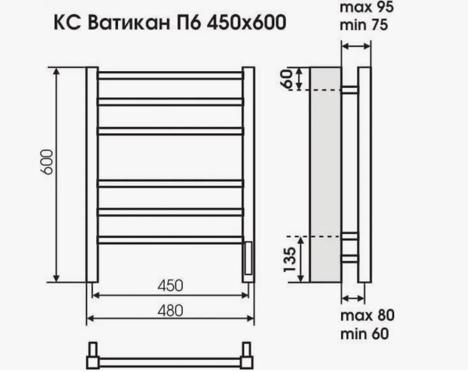 Полотенцесушитель Ватикан П6 450х600 электро ( new встроен диммер) КС графит Терминус