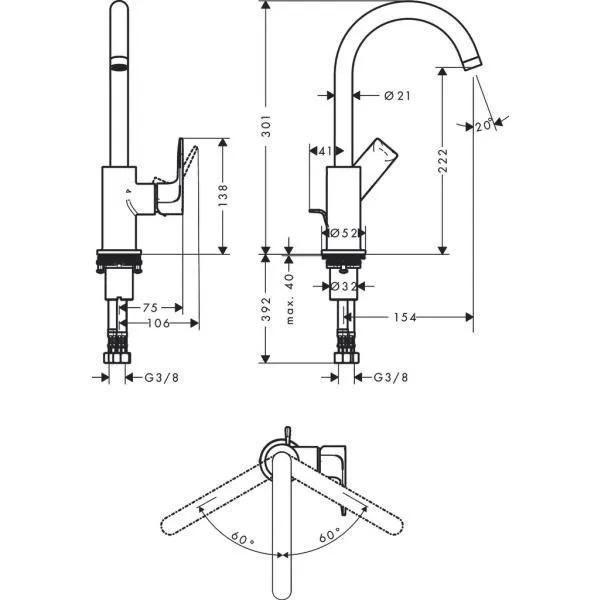 Смеситель для раковины 210, с донным клапаном, хром Hansgrohe Rebris E 72576000