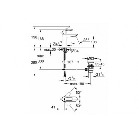 Смеситель для раковины GROHE BauEdge с донным клапаном, M-Size, хром 23758000