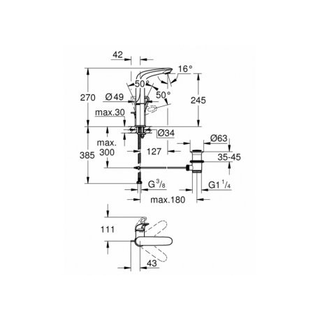 Смеситель для раковины GROHE Eurostyle new с донным клапаном и высоким изливом, белая луна 23569LS3