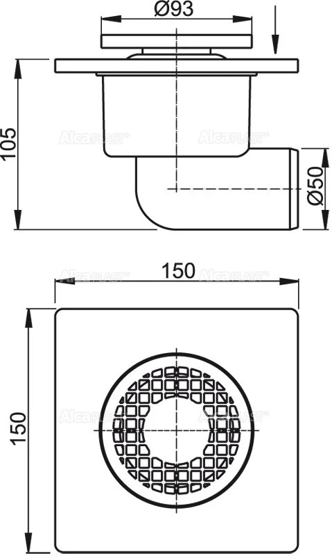 Трап точечный для пола 105x105/50, боковой слив, серая решетка, гидрозатвор Alcaplast APV3